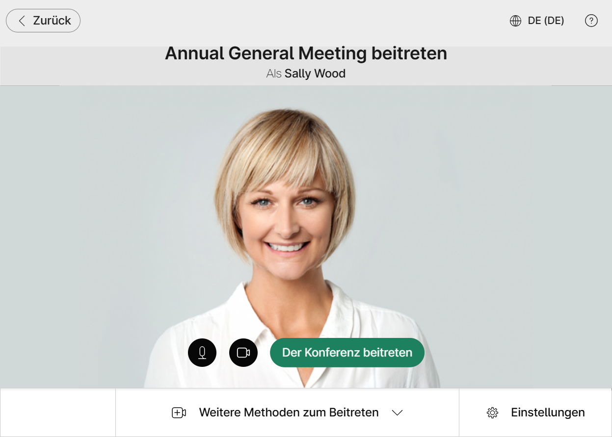 Bildschirm für Beitrittsmethode vor dem Beitreten zum Meeting